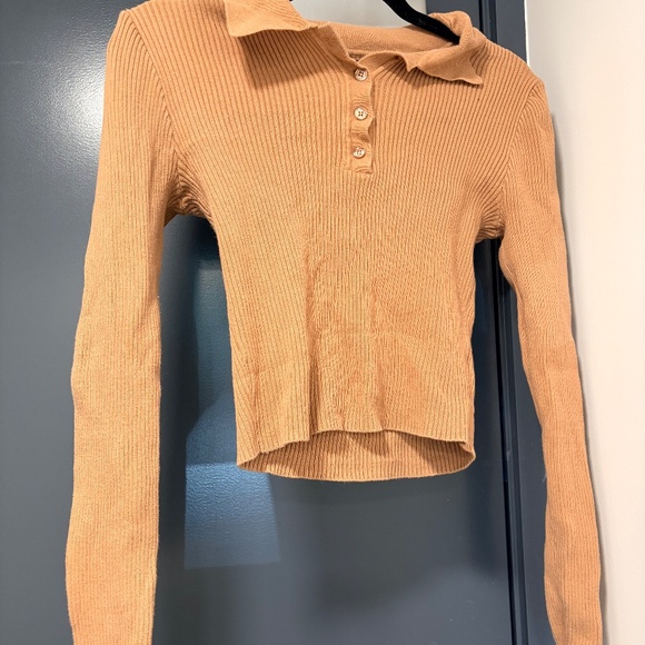 (S) Camel Ribbed Cropped Polo Sweater (Forever 21) - Picture 2 of 2